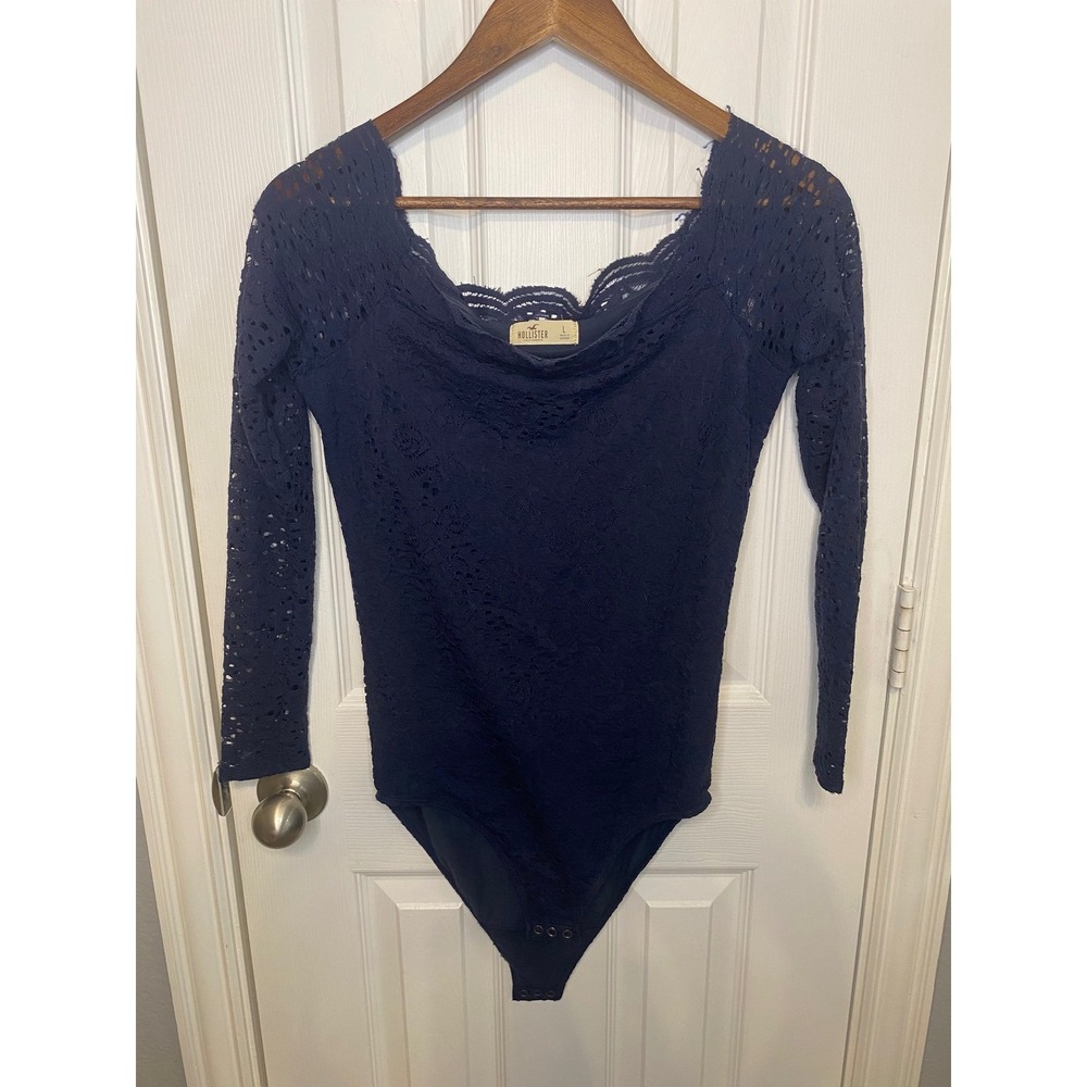 Hollister Bodysuit‎ Women's Large Navy Blue Lace Long Sleeve Top Bella Y2K